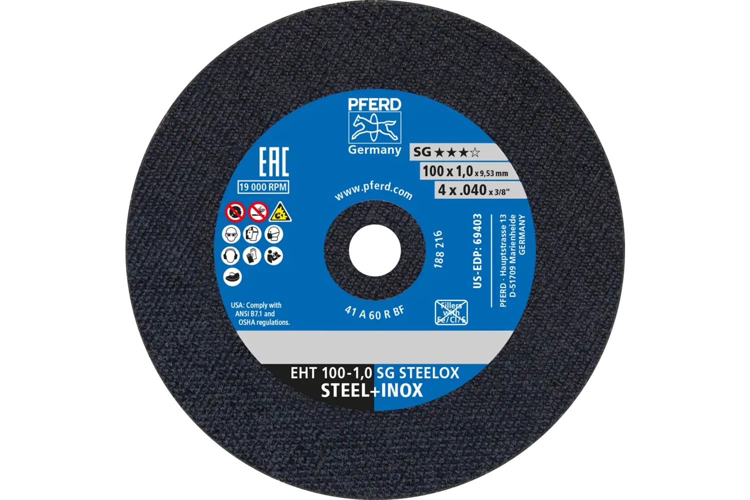 Picture of Pferd Die Grinder Cut-Off Wheel, 4" X .040 X 3/8, Sg Steelox, T1, Aluminum Oxide